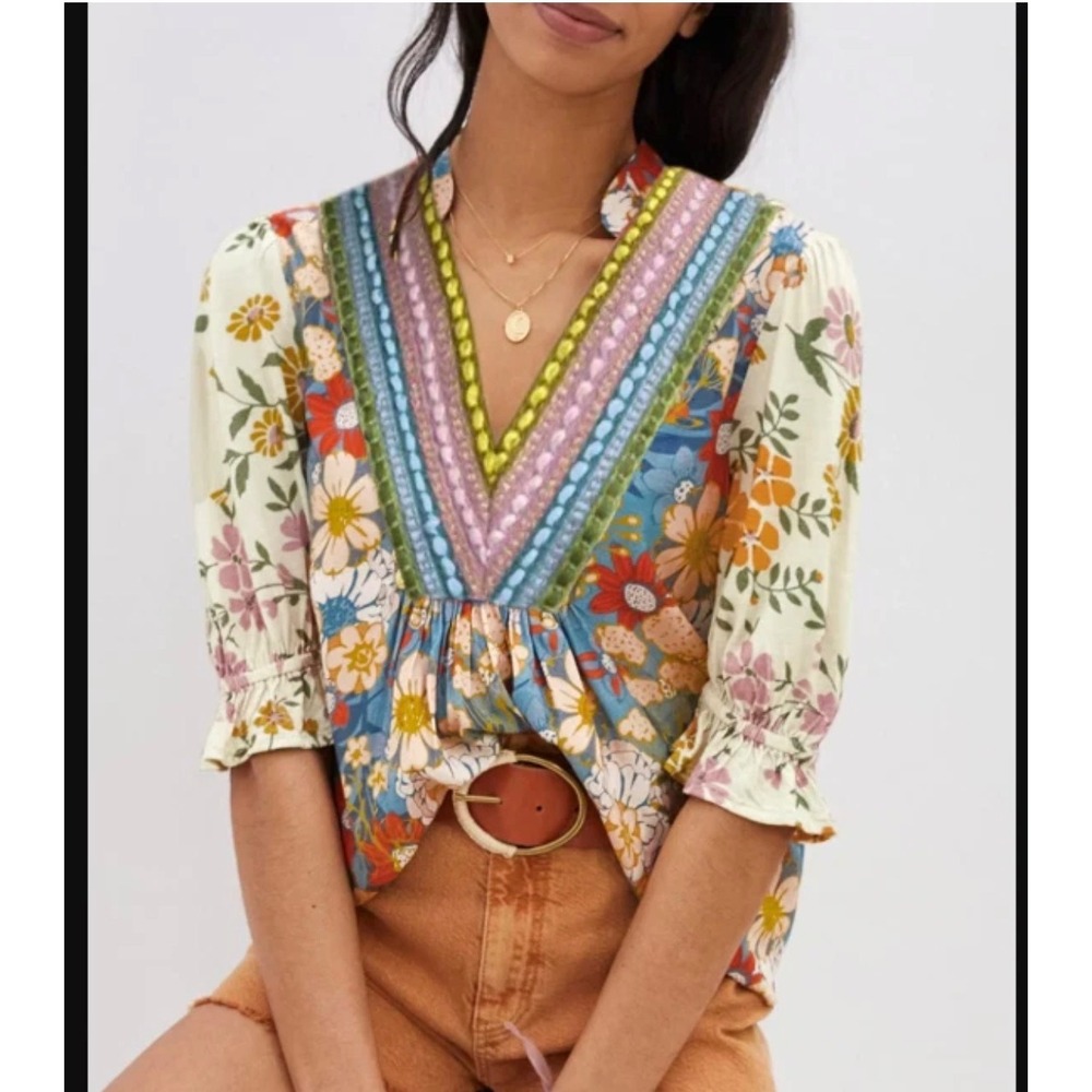 Anthropologie Blank London Stephanie Floral Retro Bohemian Hippie Flowy Top XS
